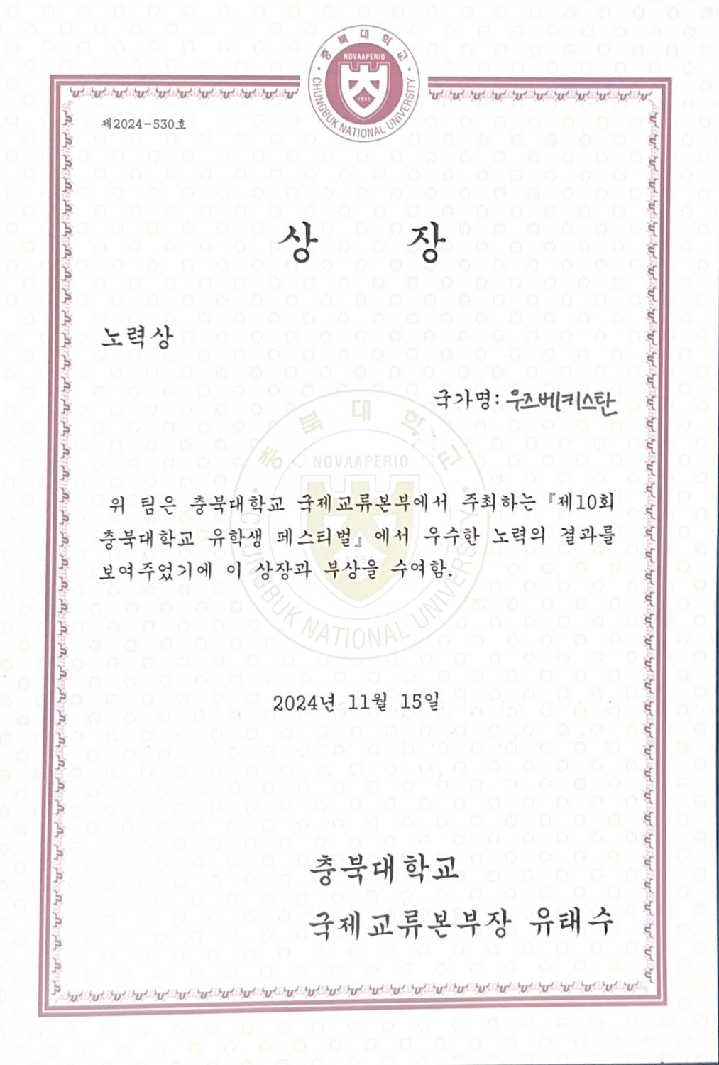 Award certificate — 10th Chungbuk National University International Student Festival