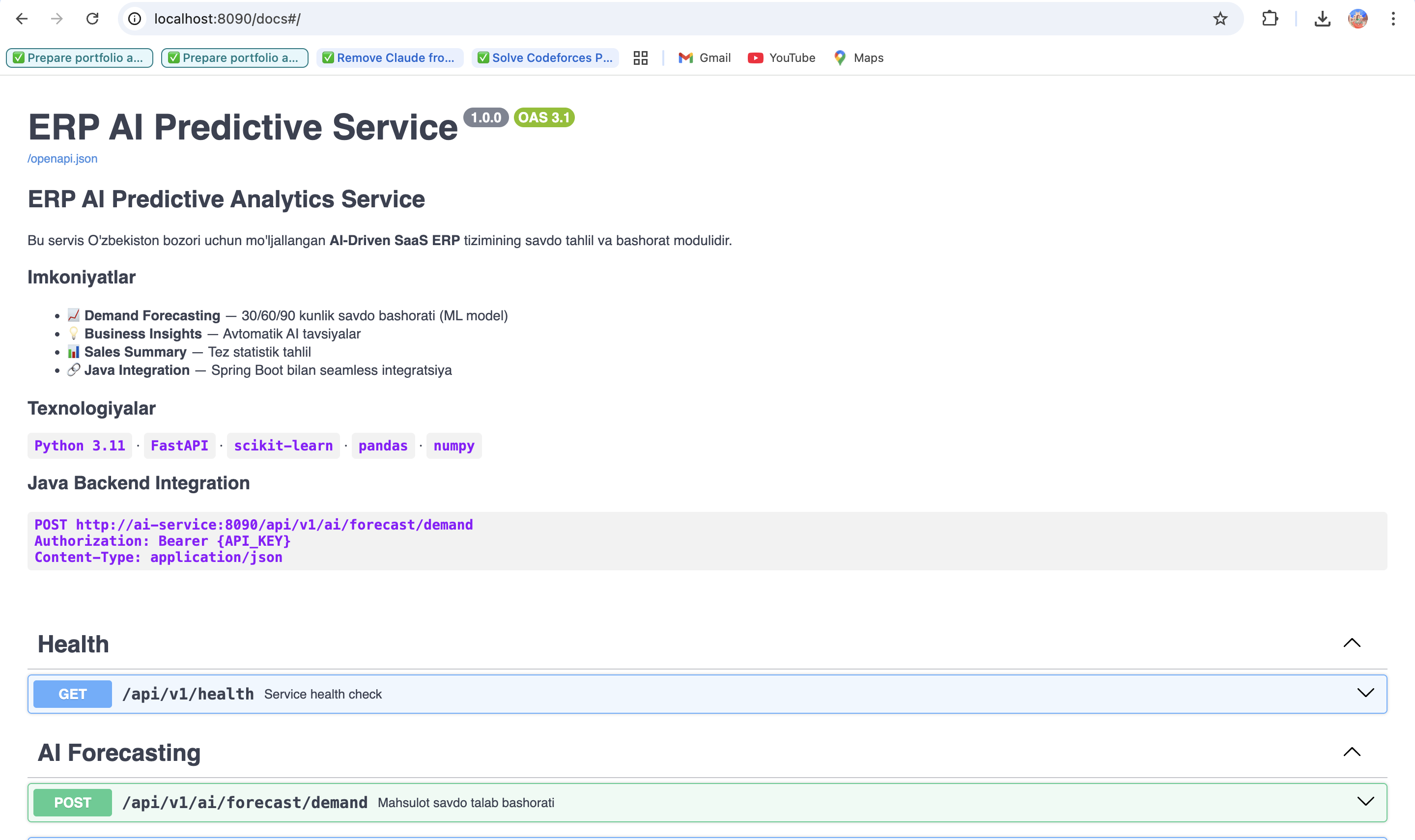 Swagger / OpenAPI auto-generated documentation showing 8 REST endpoints and Pydantic v2 schemas (BatchForecastRequest, DailyForecast, ForecastResponse, etc.)
